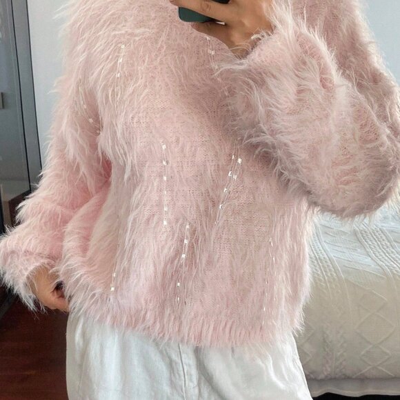 Pink Casual Women's Shiny Sweater - Picture 1 of 7